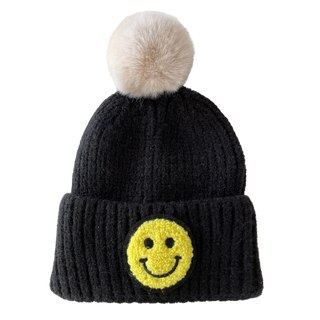 Black Pom Smiley Kids Knit Winter Hat