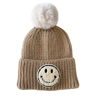 Tan Pom Smiley Kids Knit Winter Hat